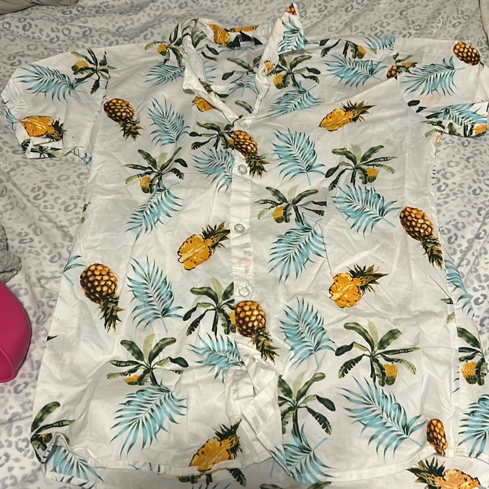 Pineapple Print Hawaiian Button Down Shirt - 12